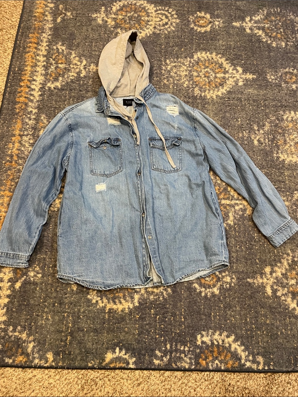 Light Blue Hooded Denim Jacket with Distressed Details